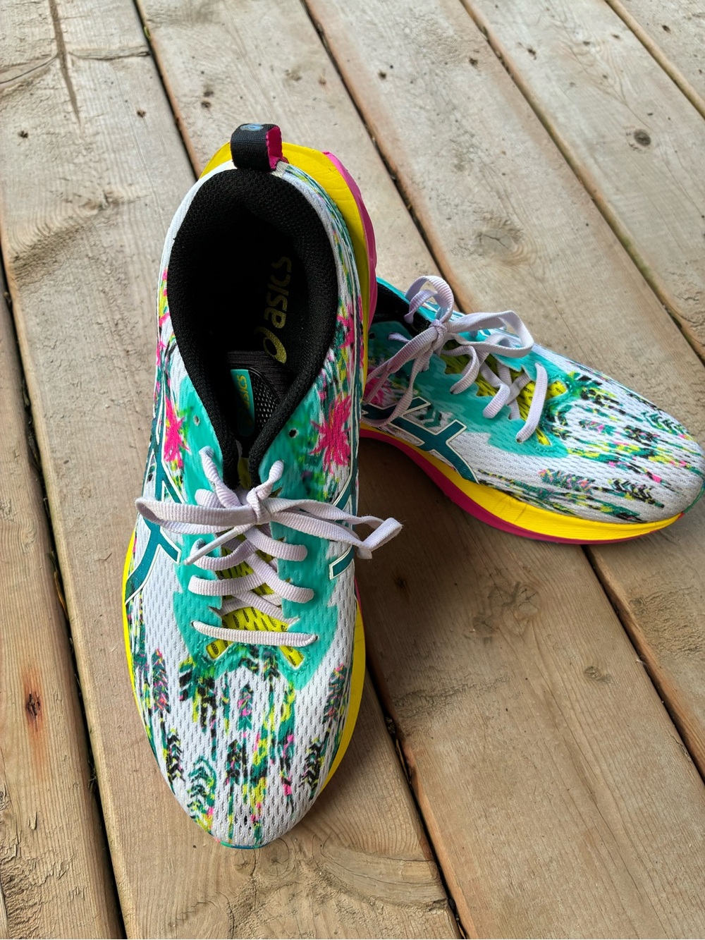 ASICS Teal Floral Athletic Running Shoes with Pink and Yellow Accents